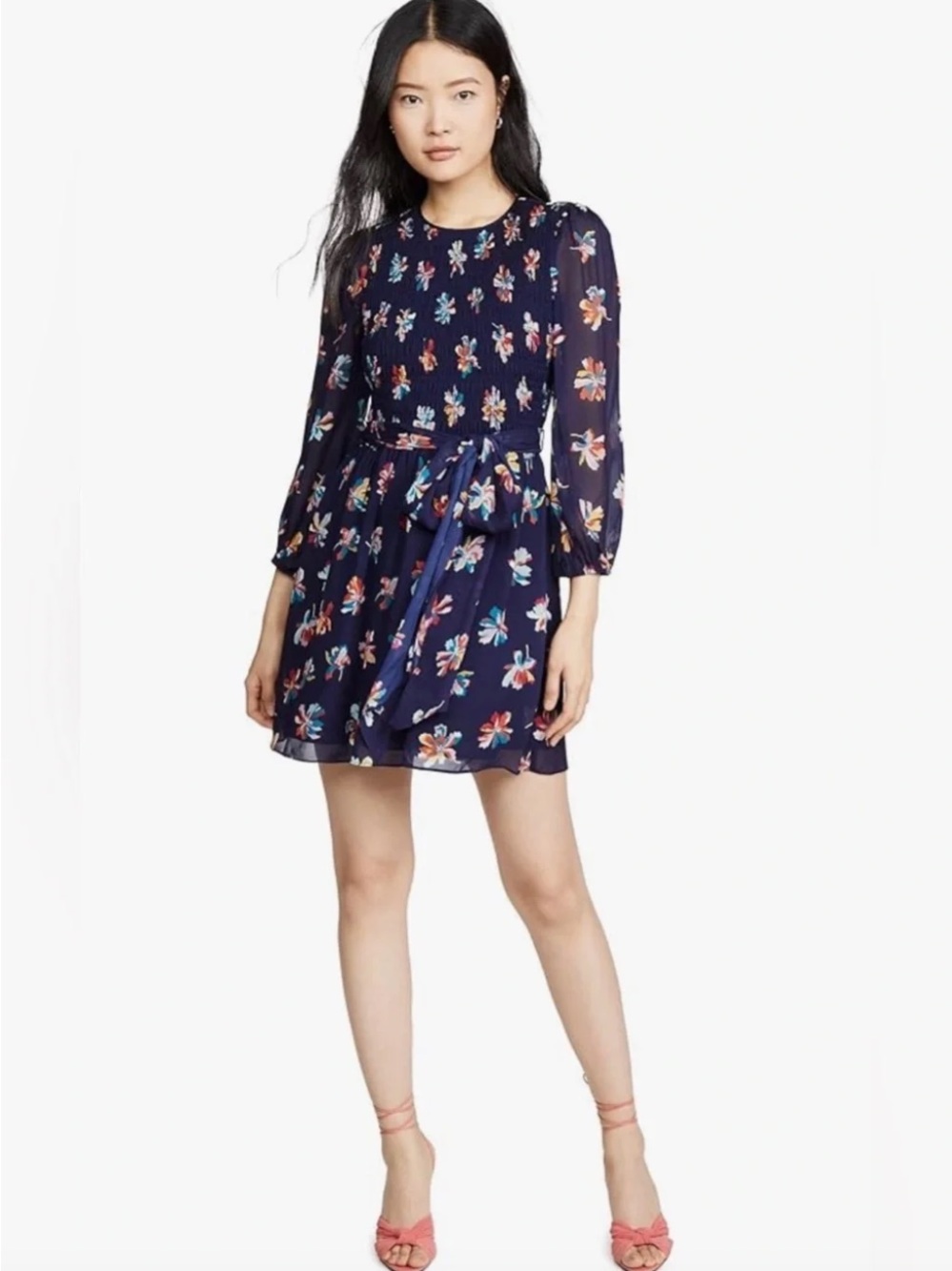 Shoshanna Women's Navy Floral Tie-Waist Long Sleeve Dress